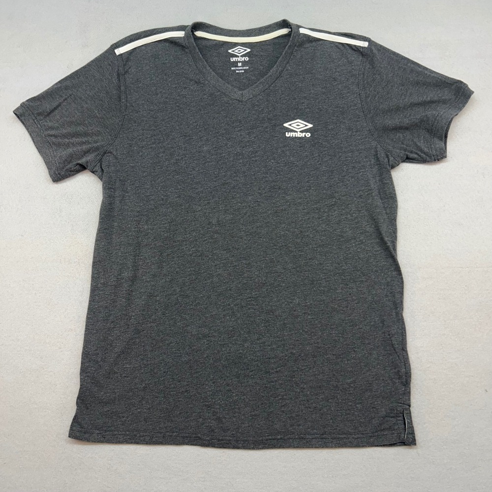 Vintage Umbro V Neck T Shirt Charcoal Grey Soccer Futbol Logo Tee Mens Medium